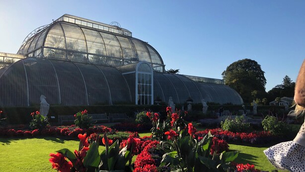 Ein großes Gewächshaus mit gewölbtem Glasdach, umgeben von gepflegten Blumenbeeten mit roten Blüten.