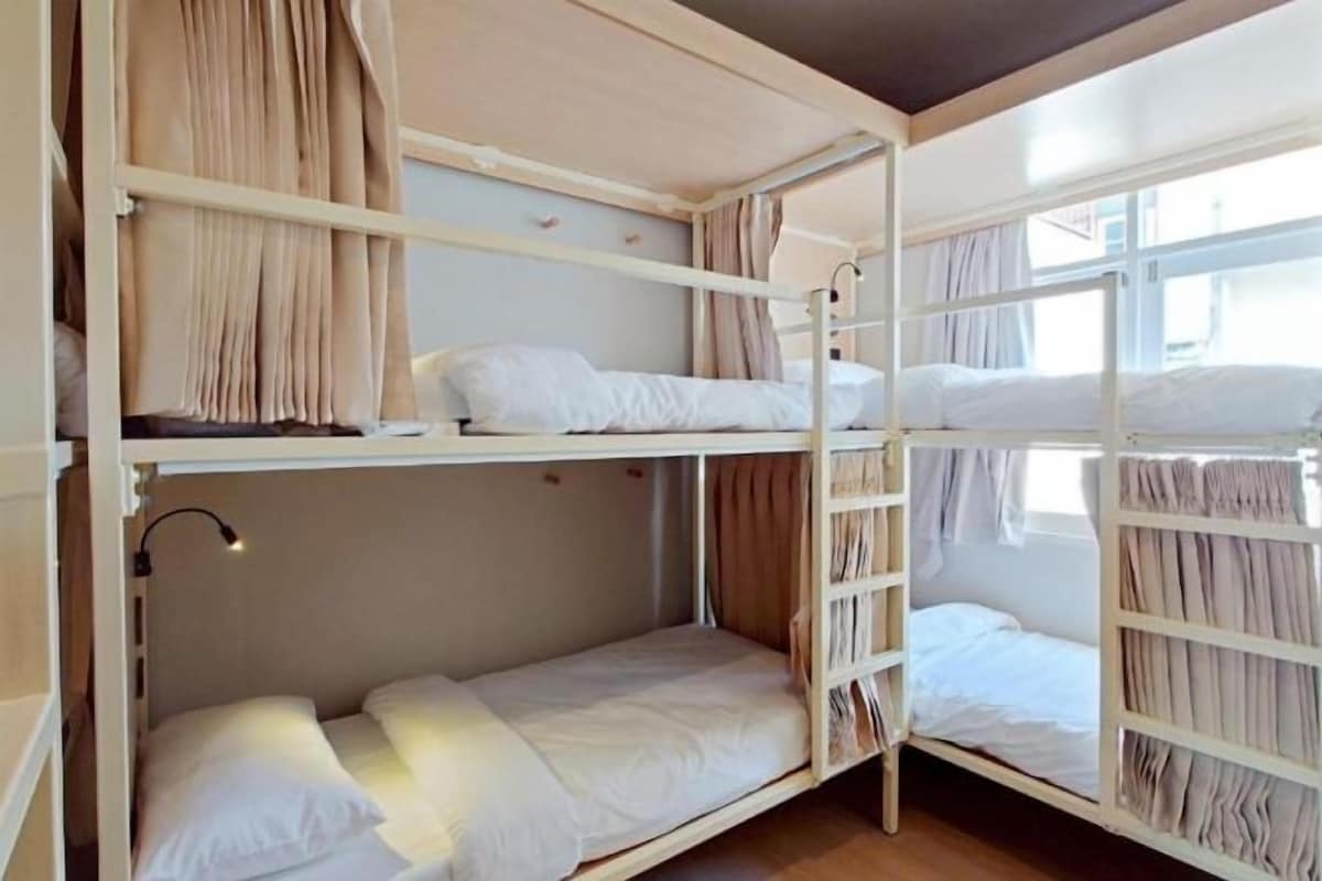 A bunk bed room with curtains, a ladder, and a window.