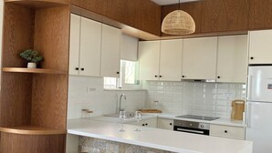 Studio Suite, 2 Bedrooms | Private kitchen | Full-size fridge, oven, stovetop, cookware/dishes/utensils - Villa Fleria Seaside Studios & Apts (Platanias)