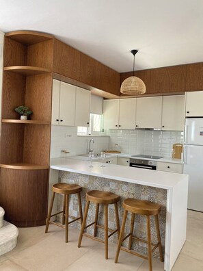 Studio Suite, 2 Bedrooms | Private kitchen | Full-sized fridge, oven, stovetop, cookware/dishes/utensils - Villa Fleria Seaside Studios & Apts (Platanias)