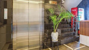 An elevator with a fire safety sign, a Coca-Cola vending machine, and a staircase with a potted plant. - Hotel Johar Inn (Raipur)