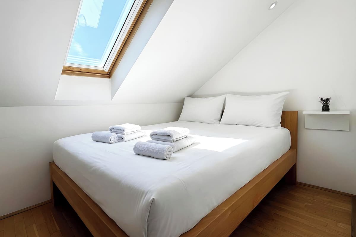 Un dormitorio con cama, almohadas, una mesita de noche, una planta pequeña y un tragaluz.