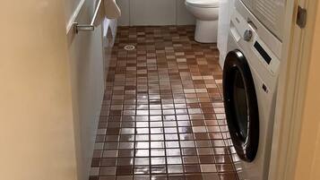 Hair dryer, towels, soap, shampoo
