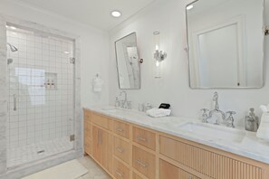 Shower, hair dryer, towels - New! Stylishly Renovated Home with Heated Pool | Easy Walk to St. Simons Village Charm (Saint Simons Island)