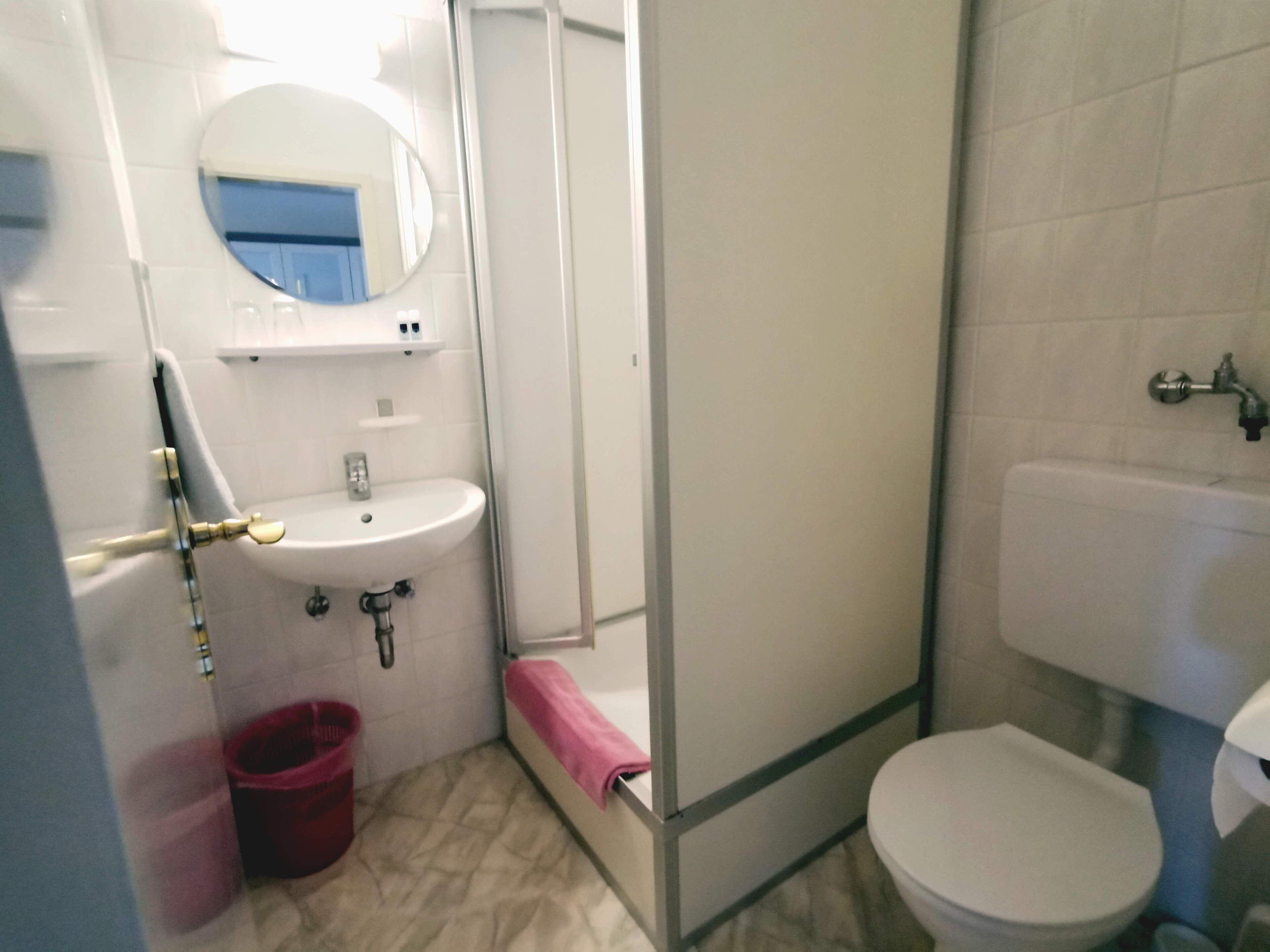 A bathroom with a sink, mirror, toilet, and shower area.