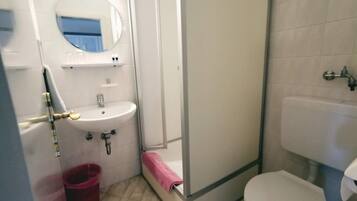 A bathroom with a sink, mirror, toilet, and shower area.