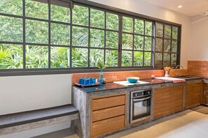 Fridge, microwave, stovetop, coffee/tea maker