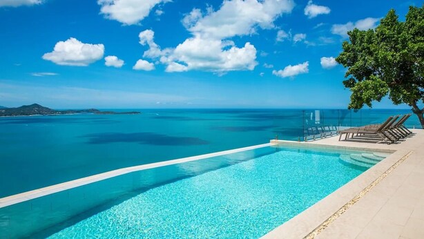 Une piscine d’un bleu éclatant, avec vue sur l’océan et un arbre sur la droite.