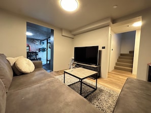 TV, DVD player, video library, stereo