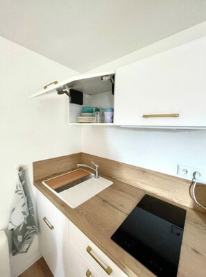 Fridge, microwave, stovetop, coffee/tea maker