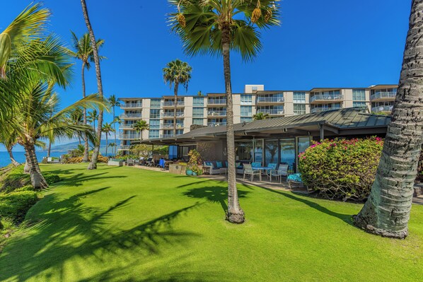 A resort with a well-maintained lawn, palm trees, and a building with multiple balconies overlooking the ocean. - Hale Pau Hana #707 Ocean Front, Central AC, Oceanfront Complex (Kihei)