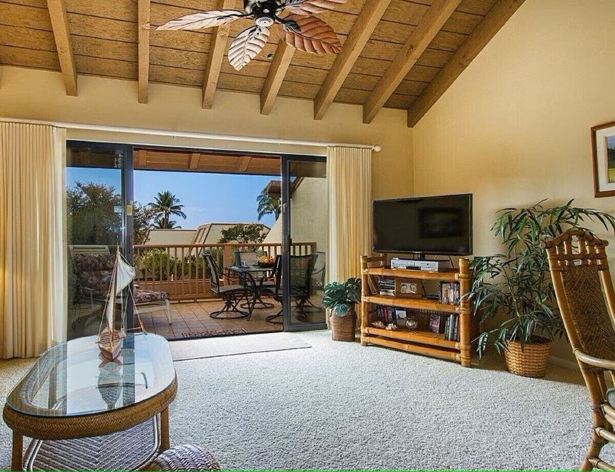 Un salon doté d’une porte vitrée donnant sur une terrasse extérieure, d’un téléviseur, d’une bibliothèque et d’un ventilateur de plafond.