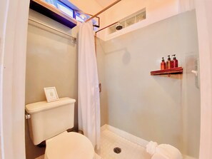 Hair dryer, towels, soap, toilet paper