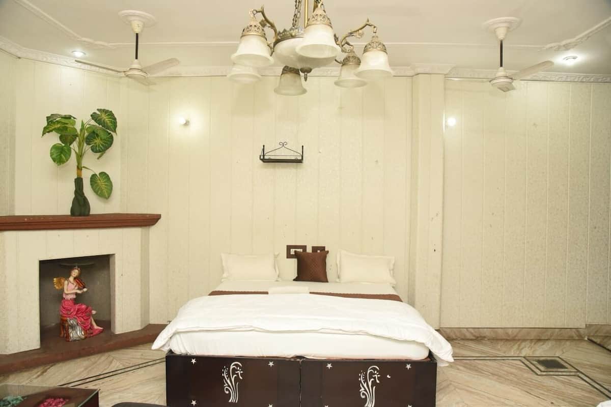 Ein Schlafzimmer mit einem großen Bett, einem Kamin mit Statue, einer Hängepflanze und einem Chandelier.