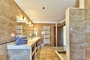 Shower, hair dryer, towels, toilet paper
