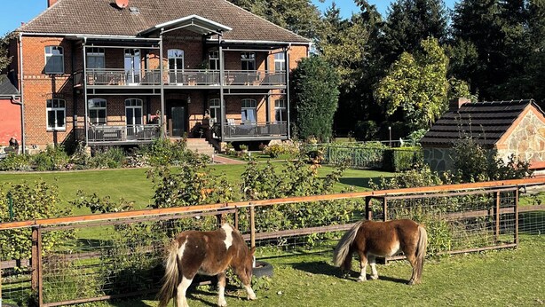 Une maison à deux étages, construite en briques, avec un balcon, entourée d’une cour clôturée où paissent deux chevaux.