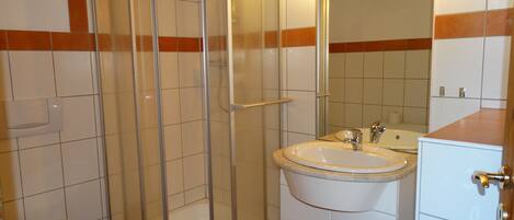 Un bagno con doccia, servizi igienici, lavandino e specchio.