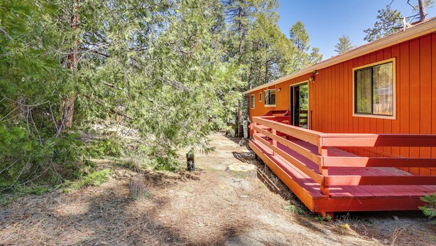 A cabin with a wooden exterior, a porch, and a clear path leading to the entrance. - Across From Hiking Trails: Woodsy Studio! (Idyllwild)