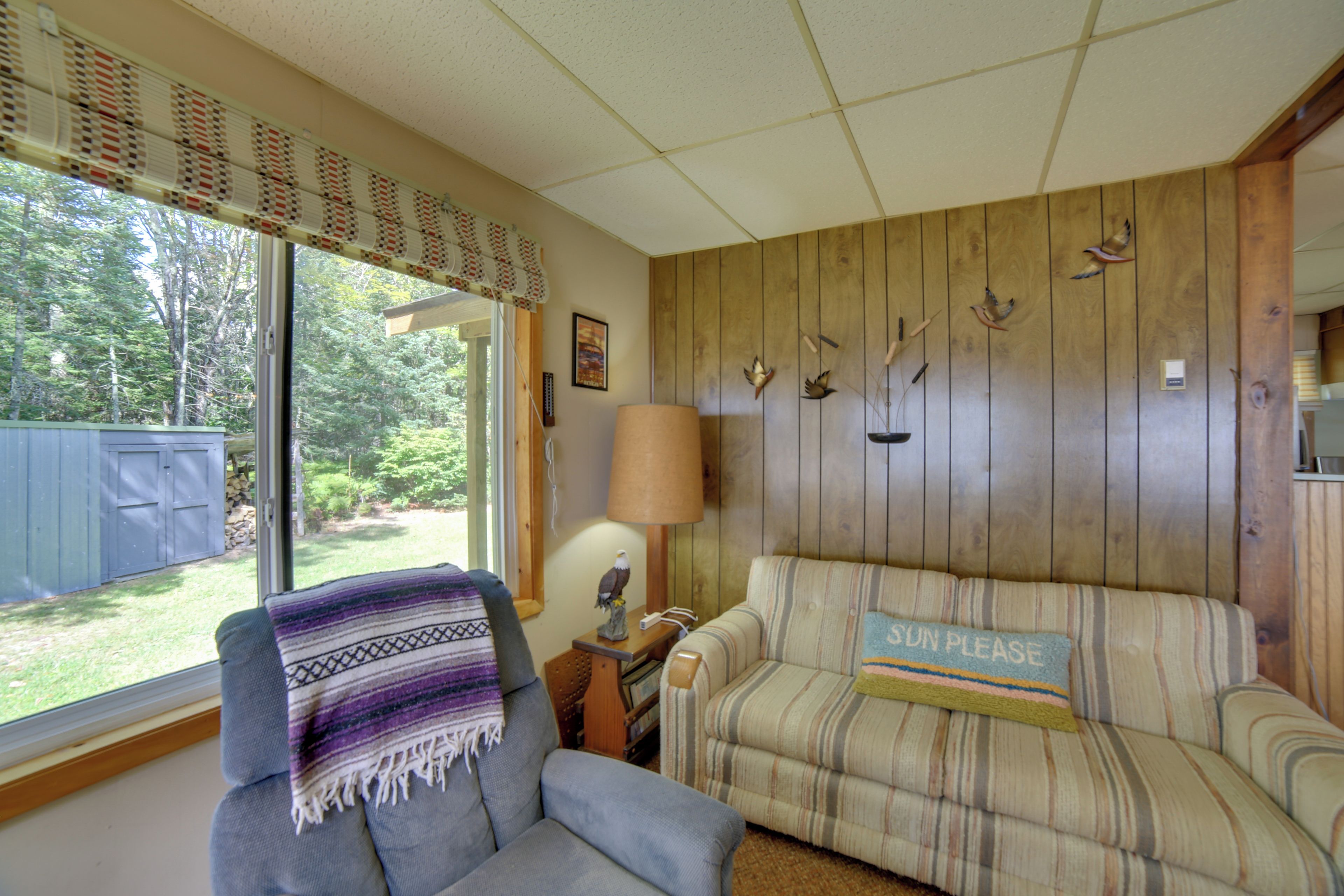 A room with a window, a chair, a sofa, a lamp, and wall-mounted bird decorations.
