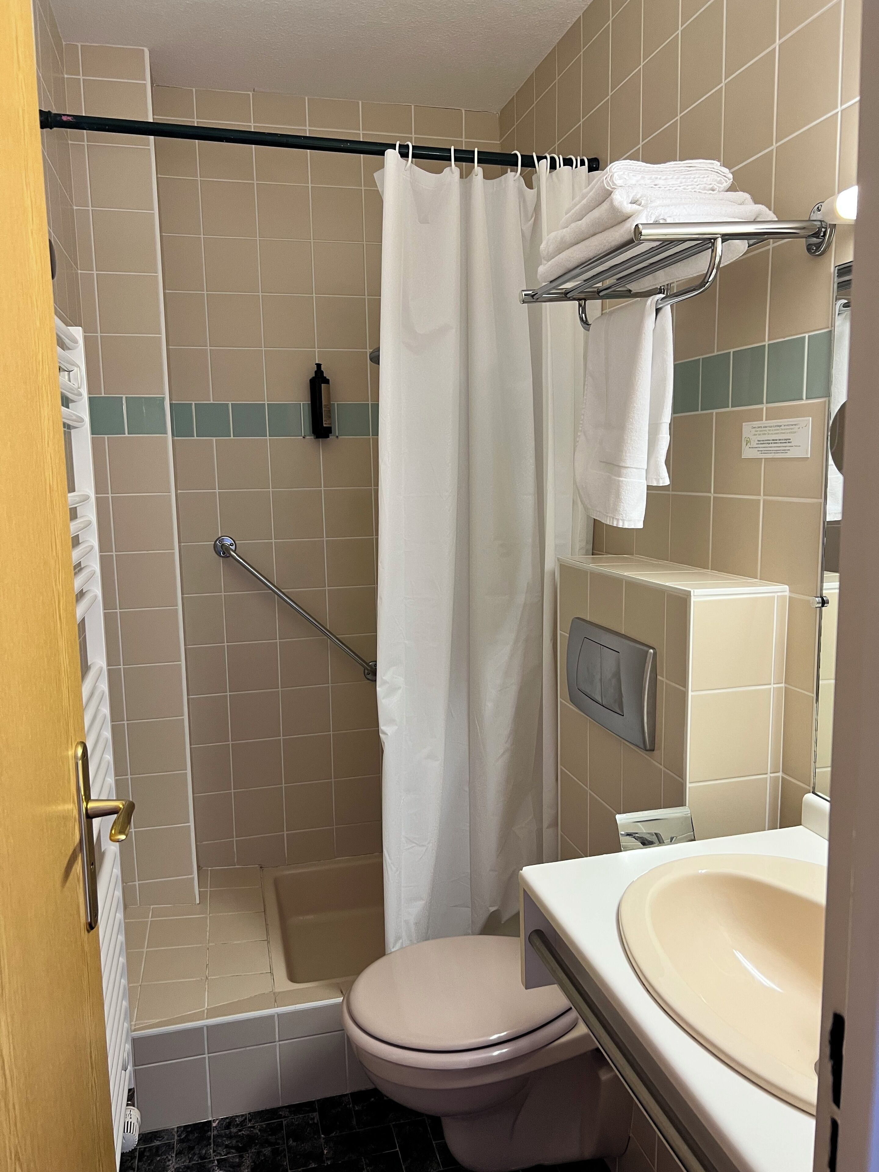 Een badkamer met douche, toilet en wastafel.