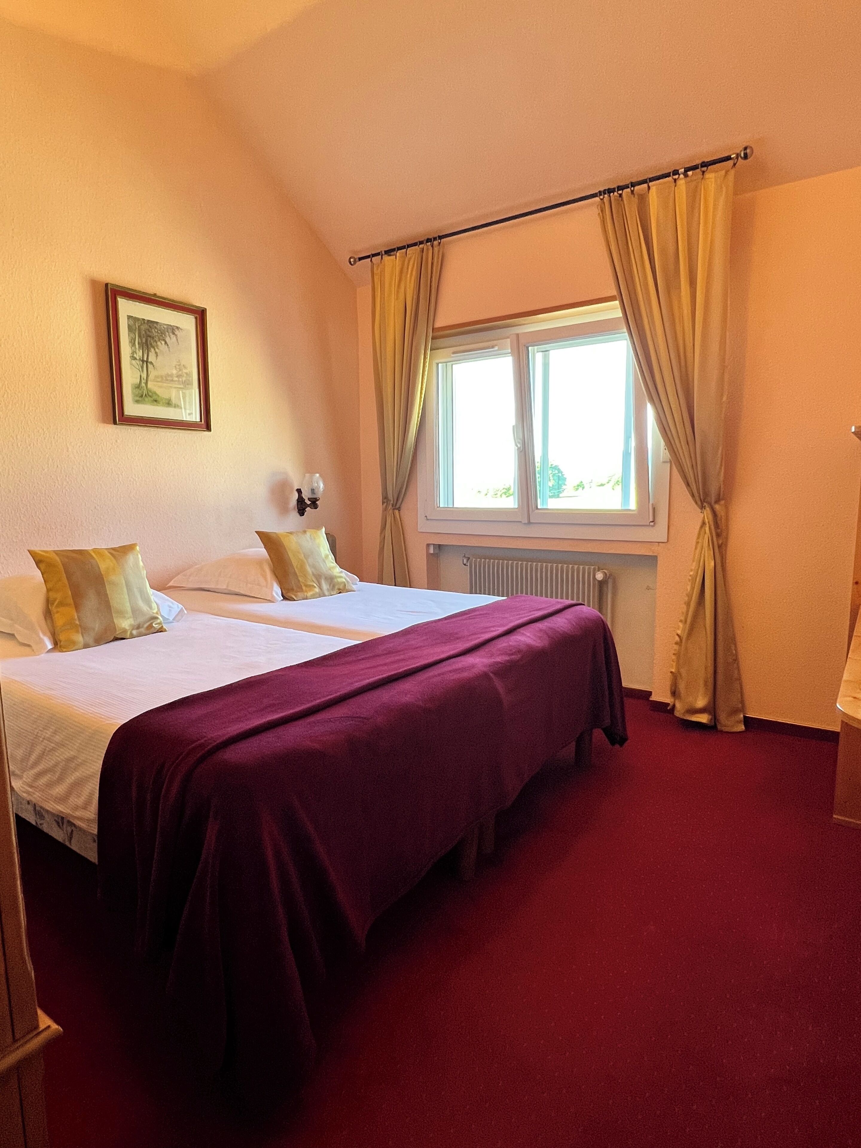 A hotel room with two beds, a window with curtains, a radiator, and a framed picture on the wall.