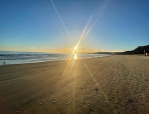A beach with a clear sky and the sun setting or rising, casting light across the sand.