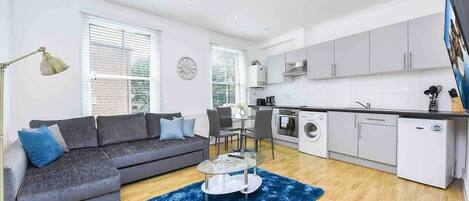 A modern living room with a grey sofa, a coffee table, and a blue rug. Adjacent is a compact kitchen with a washing machine, a stove, and cabinets.