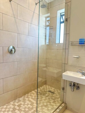 Douche, sèche-cheveux, serviettes fournies, savon