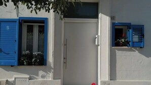 Une entrée d’immeuble avec une porte fermée, une fenêtre à volets bleus et une petite plante en pot.