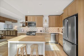 Fridge, coffee/tea maker, cookware/dishes/utensils, dining tables - Forest House Escape + Steps to McKinley Beach (Union Pier)