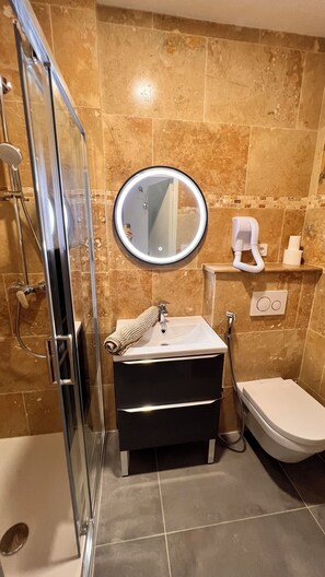 Shower, hair dryer, towels