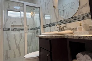 Shower, hair dryer, soap
