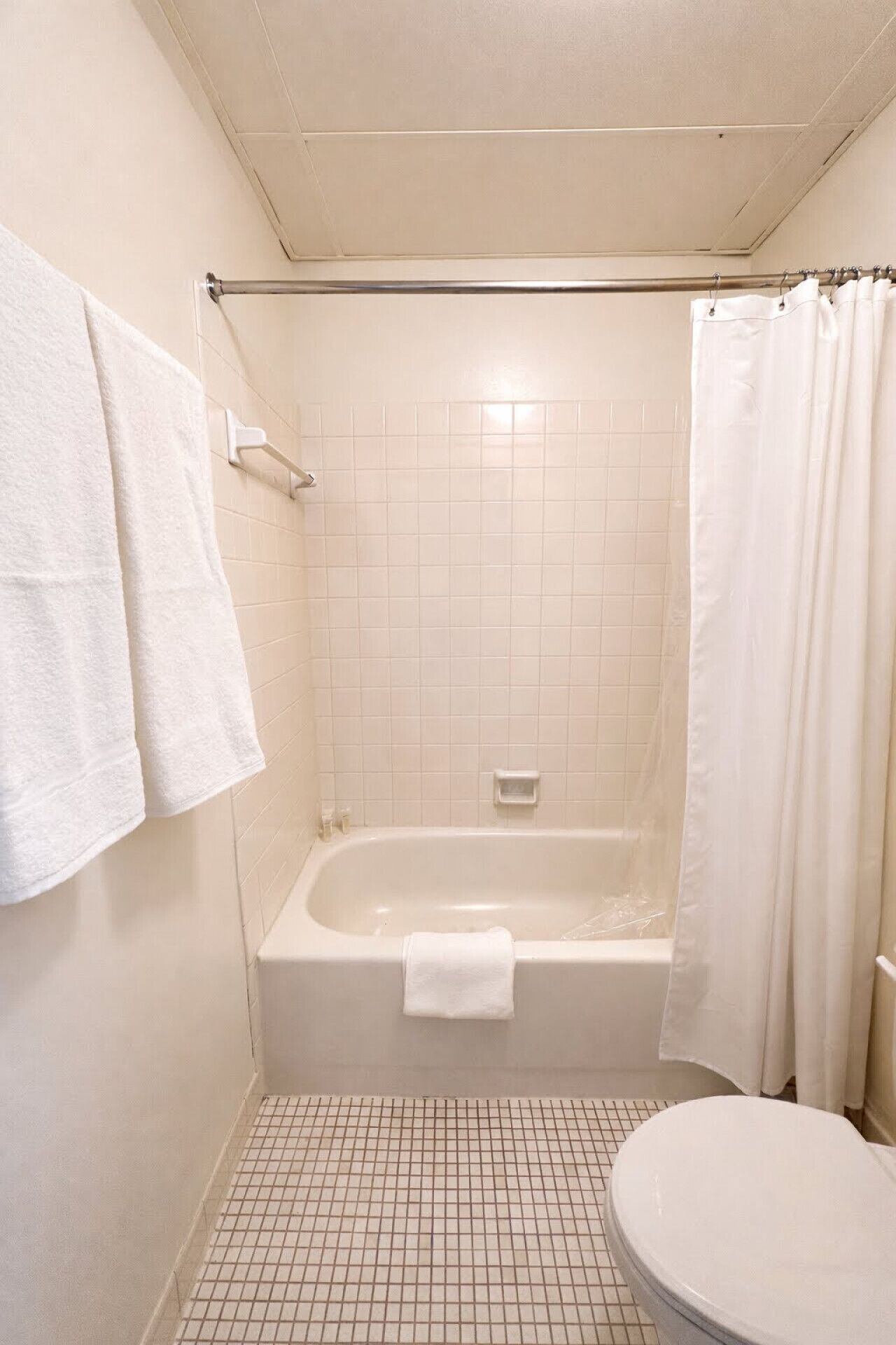 Ein kleines, sauberes Badezimmer mit Badewanne, Toilette und Duschvorhang.