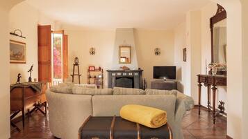 TV connectée, cheminée, table de tennis de table, livres