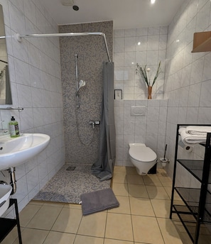 Douche, sèche-cheveux, serviettes fournies, savon