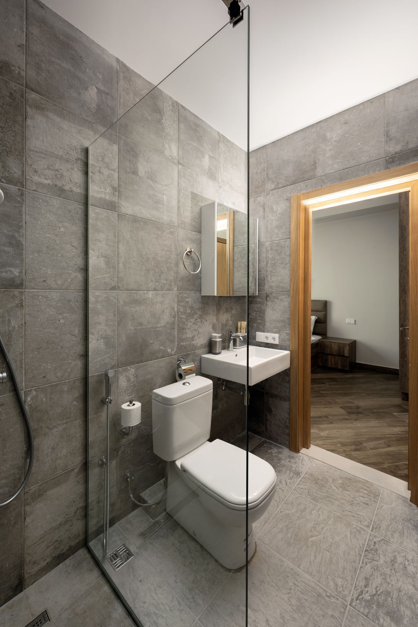 A modern bathroom with a glass shower enclosure, a toilet, a sink, and a mirror.