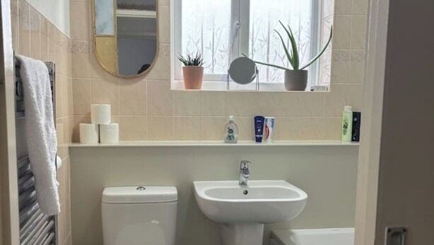 Un baño con inodoro, lavamanos y bañera. Hay toallas colgadas en un perchero, un espejo y plantas en macetas en el alféizar.