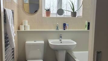 Hair dryer, towels, soap, toilet paper