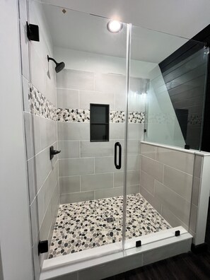 Hair dryer, towels, soap, toilet paper