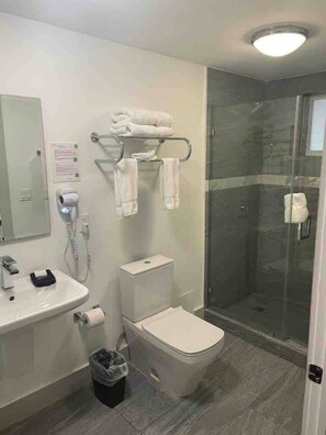 Een haardroger, handdoeken, zeep, toiletpapier