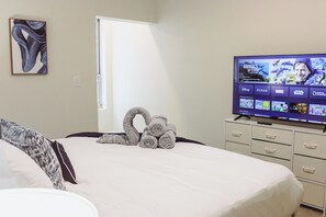 1 bedroom, desk, iron/ironing board, travel cot