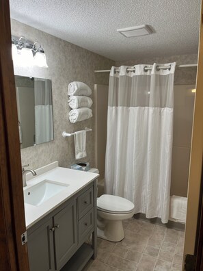 Hair dryer, towels, soap, toilet paper - True Ski In/Out  2 bedroom condo (Jay)