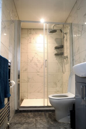 Shower, hair dryer, bidet, towels