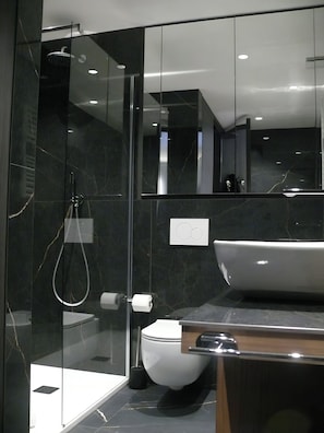 Hair dryer, towels, soap, toilet paper