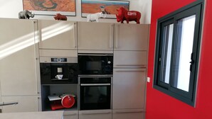 A modern kitchen with stainless steel appliances, a red accent wall, and decorative animal figurines. - Villa 8 persons with private pool (Saint-Florent)
