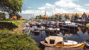 A marina with various boats docked, a wooden dock, and buildings with red roofs in the background. - RBR 644 - Beach Resort Kamperland (Kamperland)