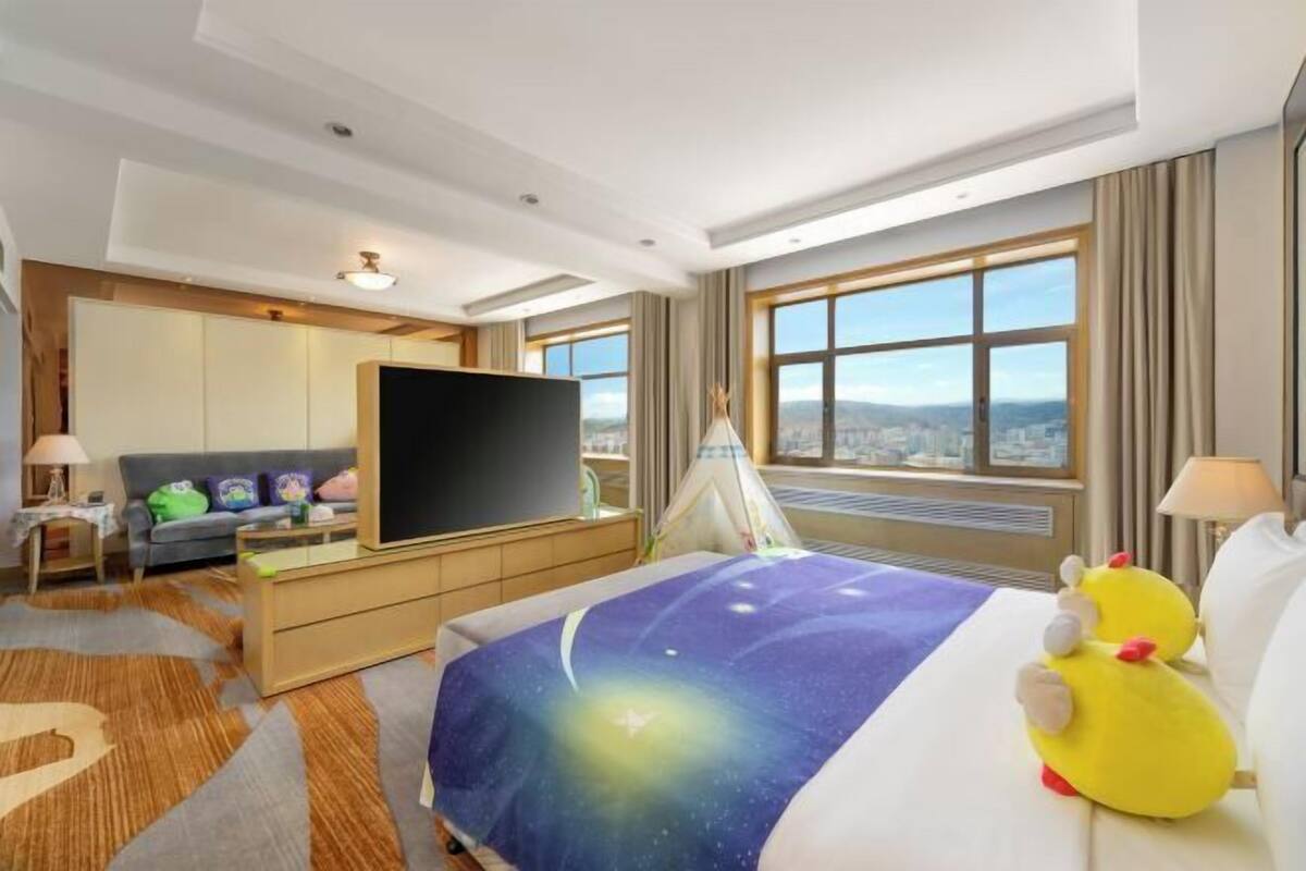 Una camera d'albergo con un letto, un divano, una televisione, una finestra con vista sulla città e una struttura simile a una tenda.