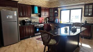 Fridge, microwave, oven, stovetop