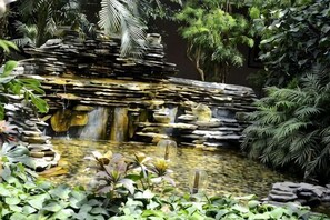 A rock waterfall in a garden with various plants. - Dongying Garden Hotel (Lanzhou University Railway Station) (Lanzhou)