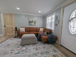 Smart TV, fireplace, books, computer monitors